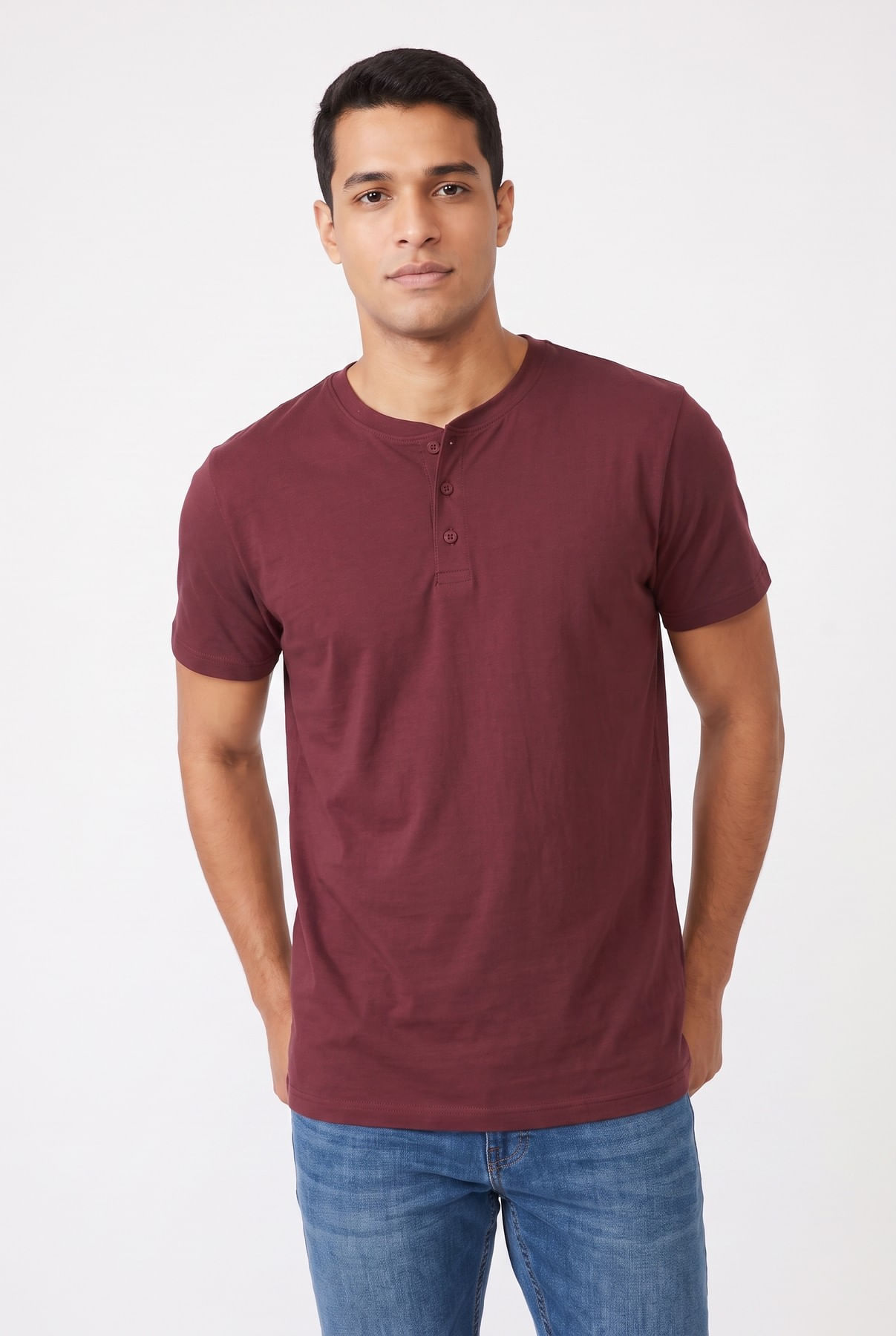 Camiseta-masc-botoes-liso-pomegranate-vermelho-escuro-P