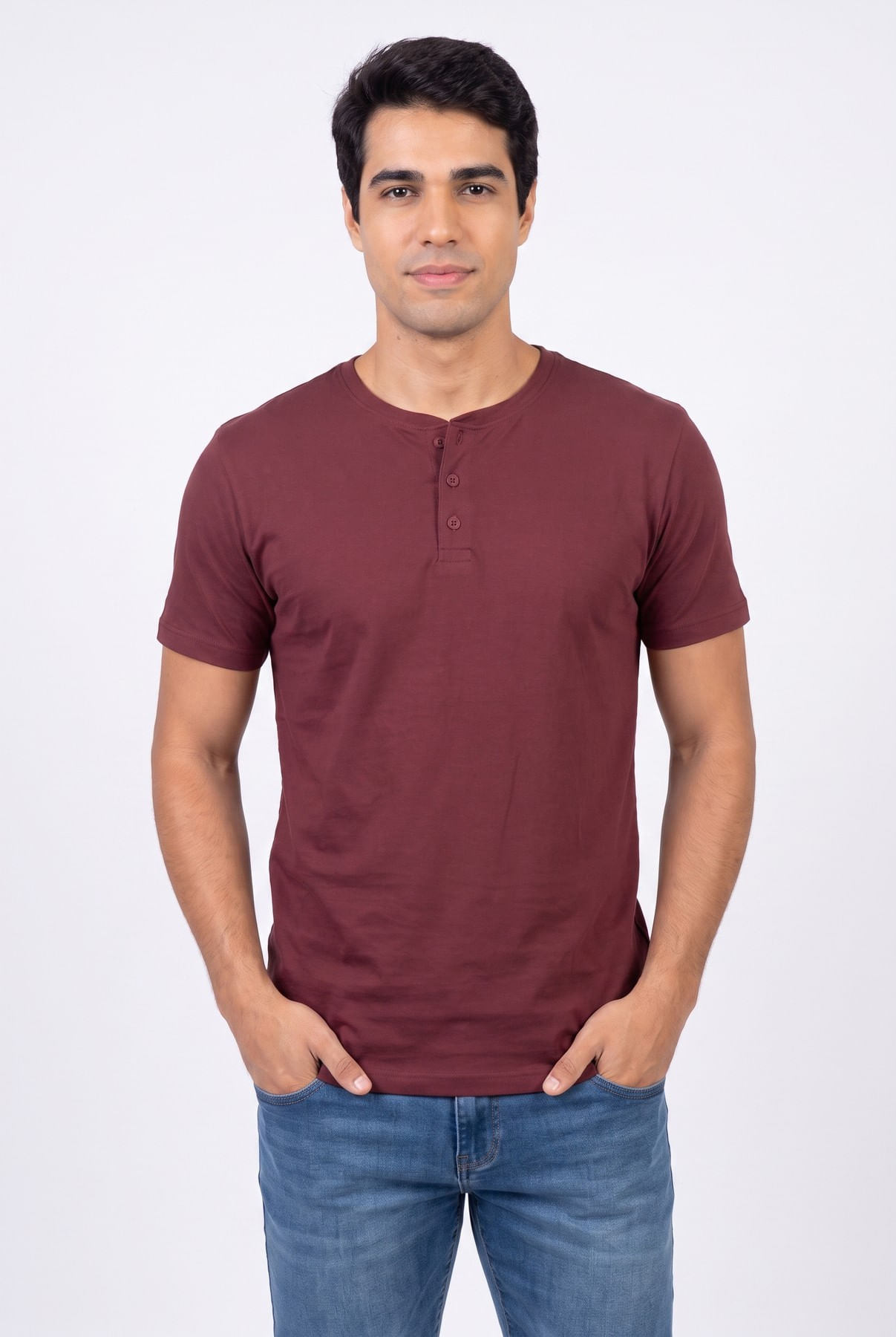 Camiseta-masc-botoes-liso-pomegranate-vermelho-escuro-P